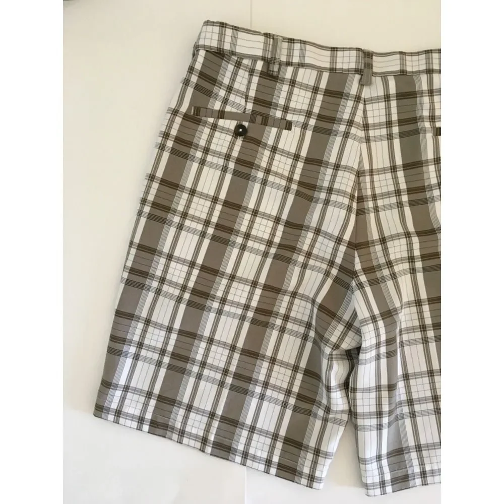 Haggar Golf Performance Shorts Mens 36 Brown White Plaid Expandable Waist